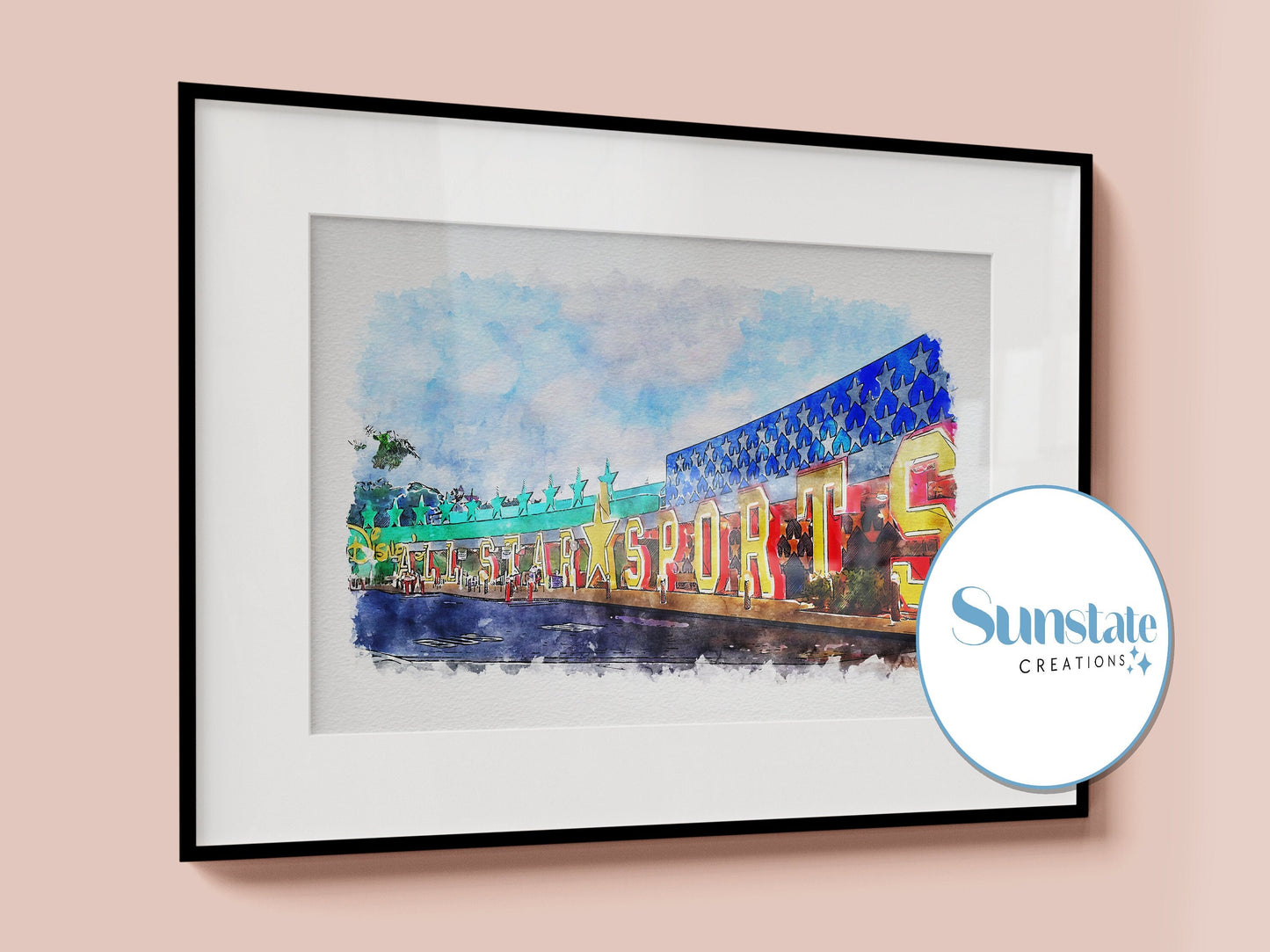 Disney's All Star Sports Resort Watercolour Sketch Print, Disney Prints