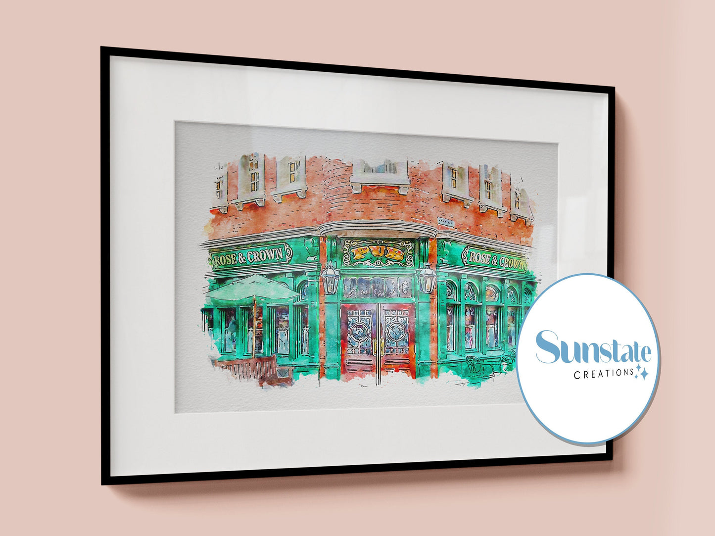 Rose & Crown Pub Watercolour Sketch Print, Epcot UK Pavillion, Disney Prints