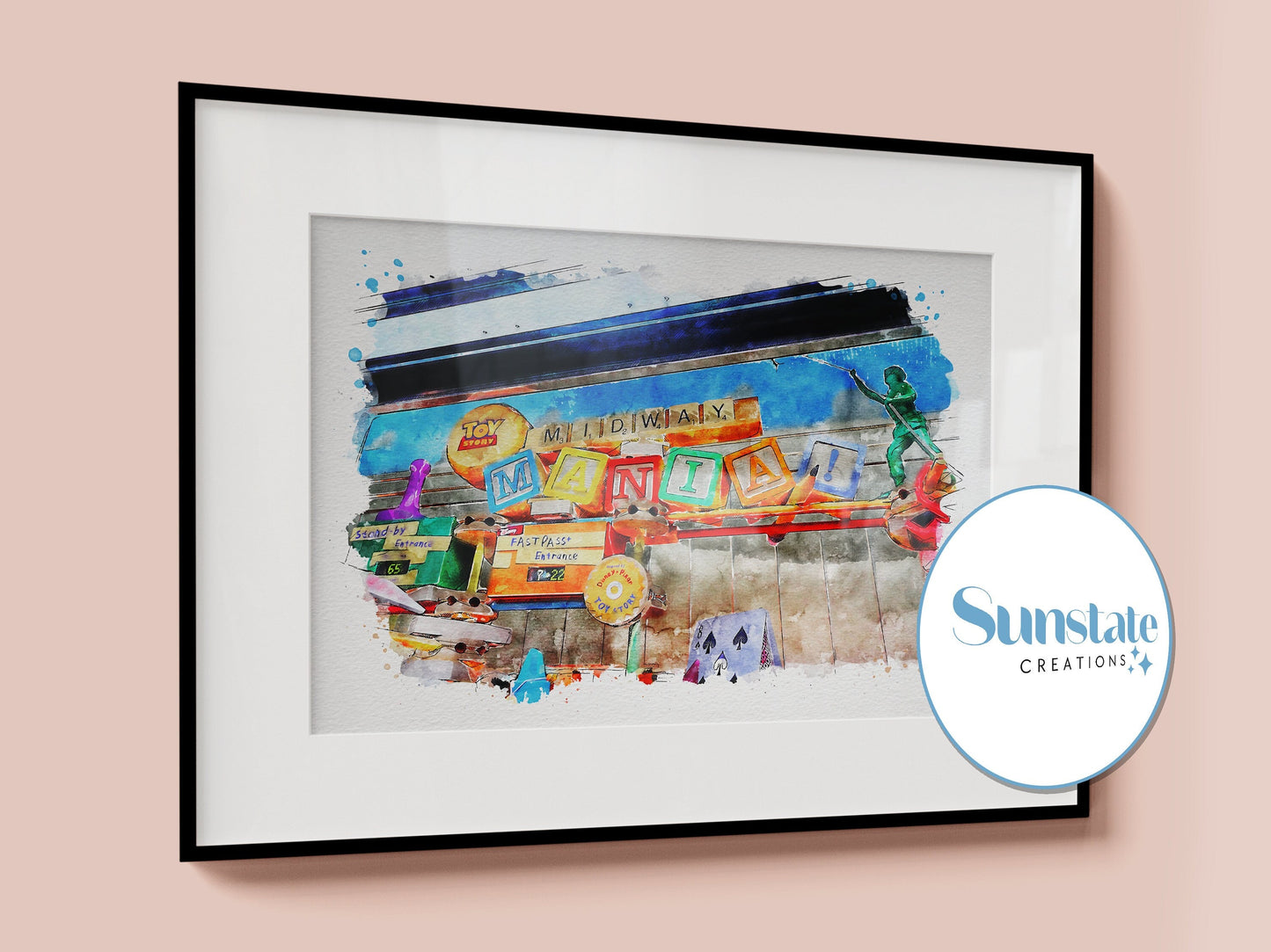 Toy Story Midway Mania Watercolour Sketch Print, Hollywood Studios, Disney Print