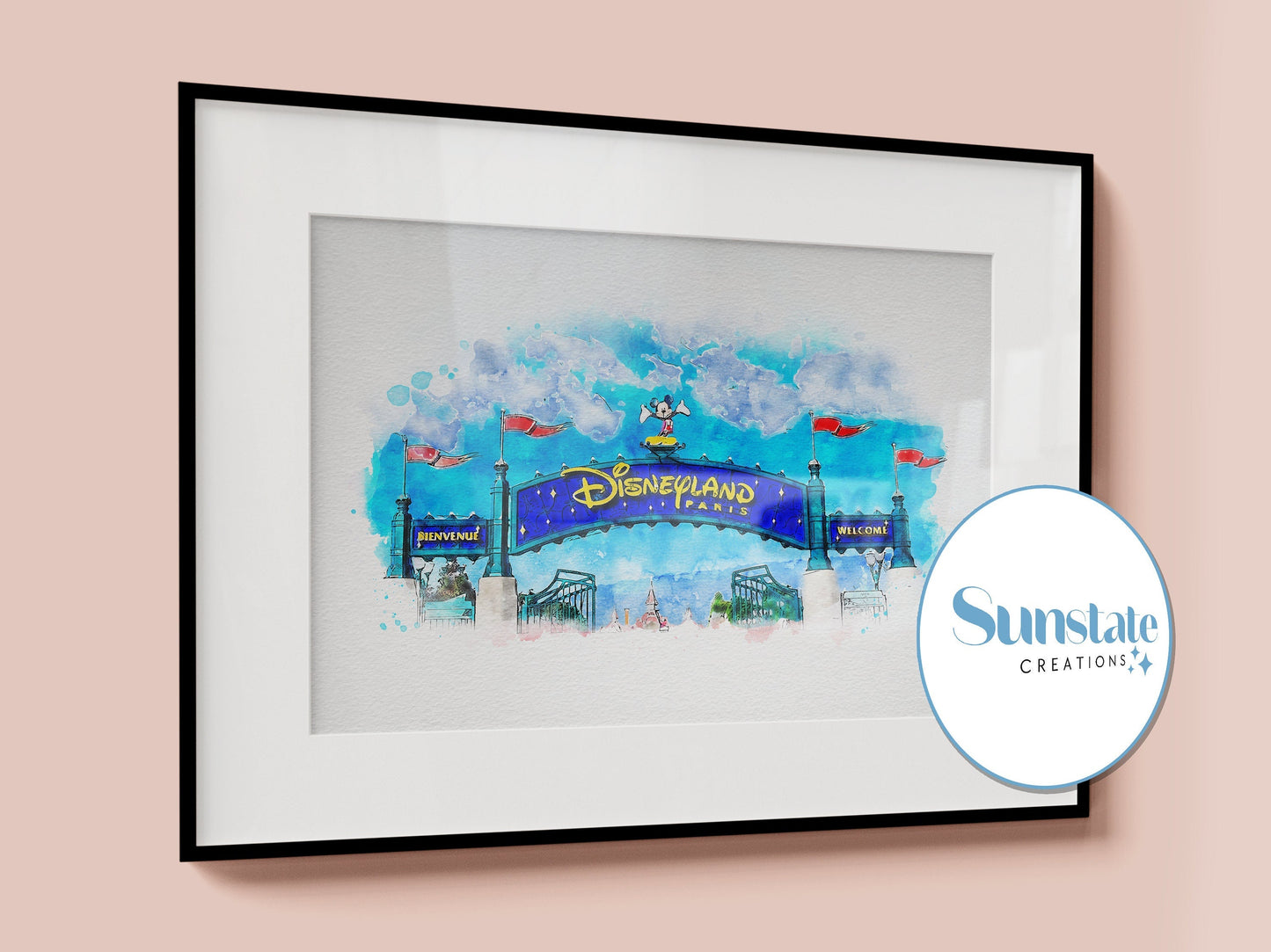 Disneyland Paris Entrance Archway, Watercolour Sketch Print, Disney Prints