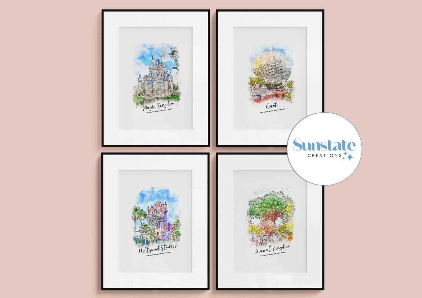 Four Parks Watercolour Style Disney Prints, Walt Disney World Prints