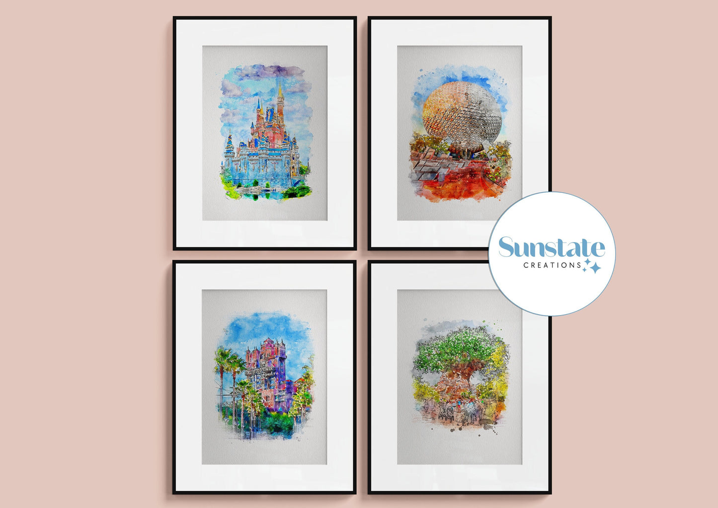 Disney Prints, Walt Disney World Prints, Watercolour Set of Four