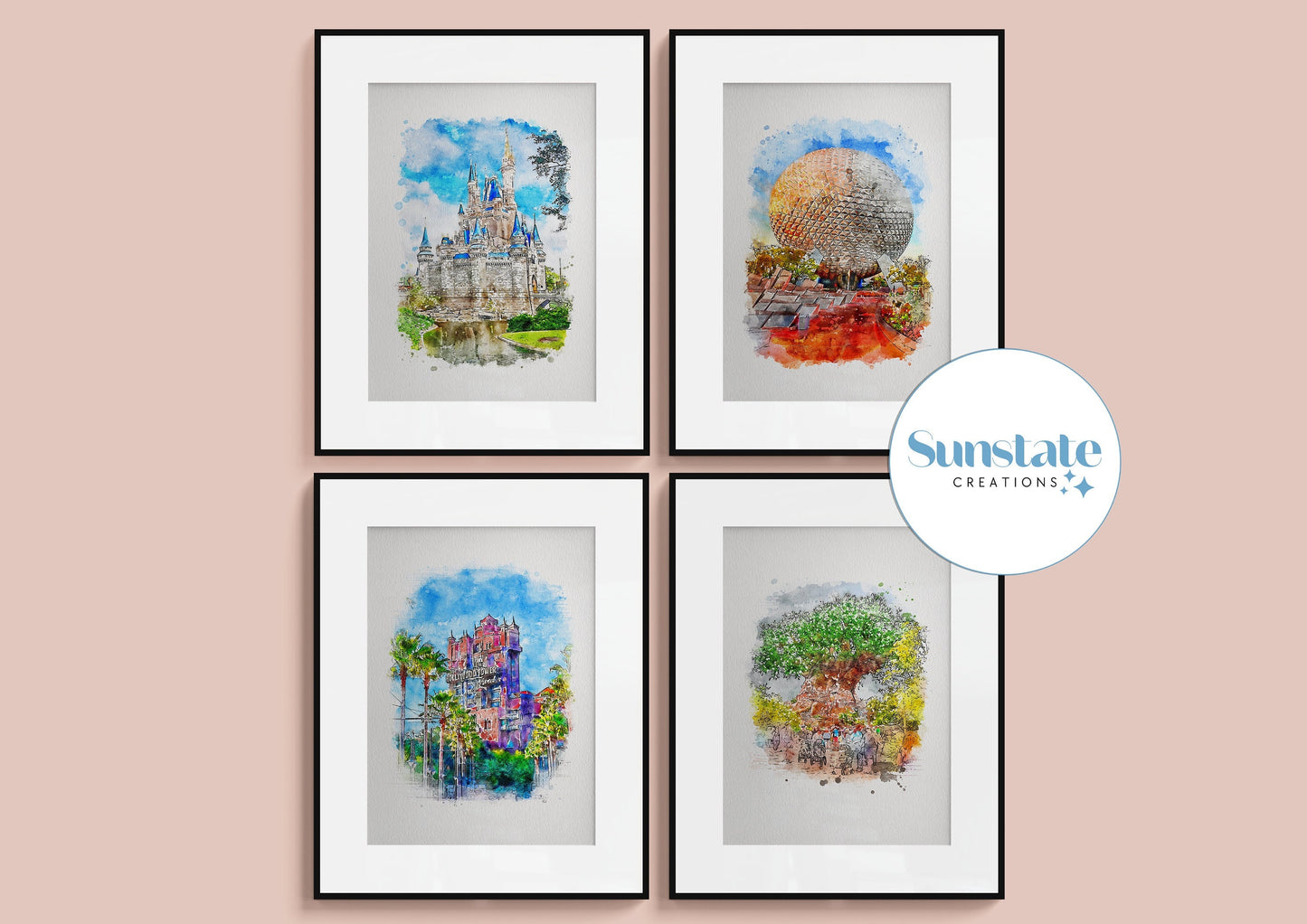 Disney Prints, Walt Disney World, Four Parks Watercolour Set of Four
