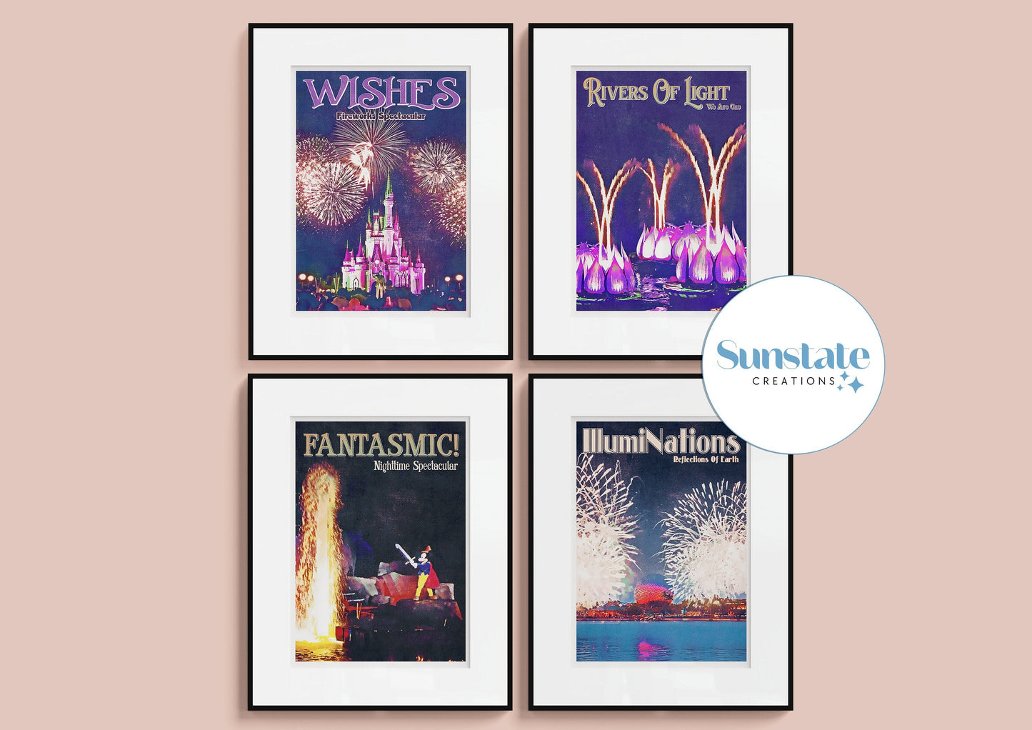 Walt Disney World Retro Prints, Disney Fireworks Prints, Set of Four
