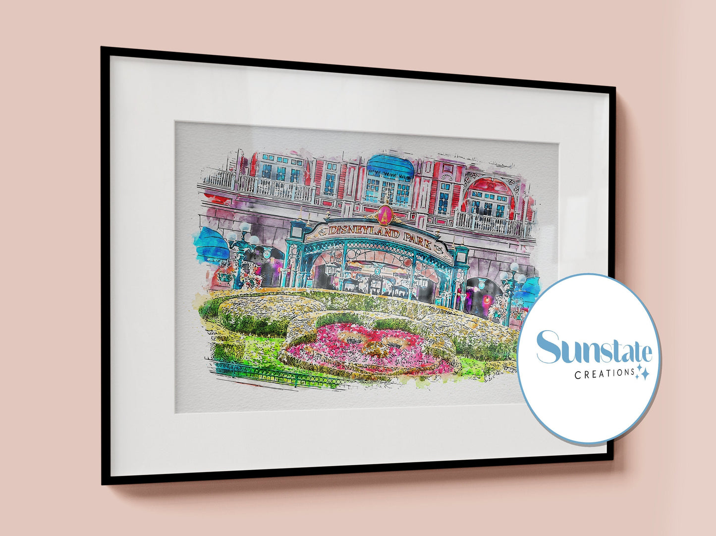 Disneyland Paris Park Entrance Watercolour Sketch Print, Disney Prints
