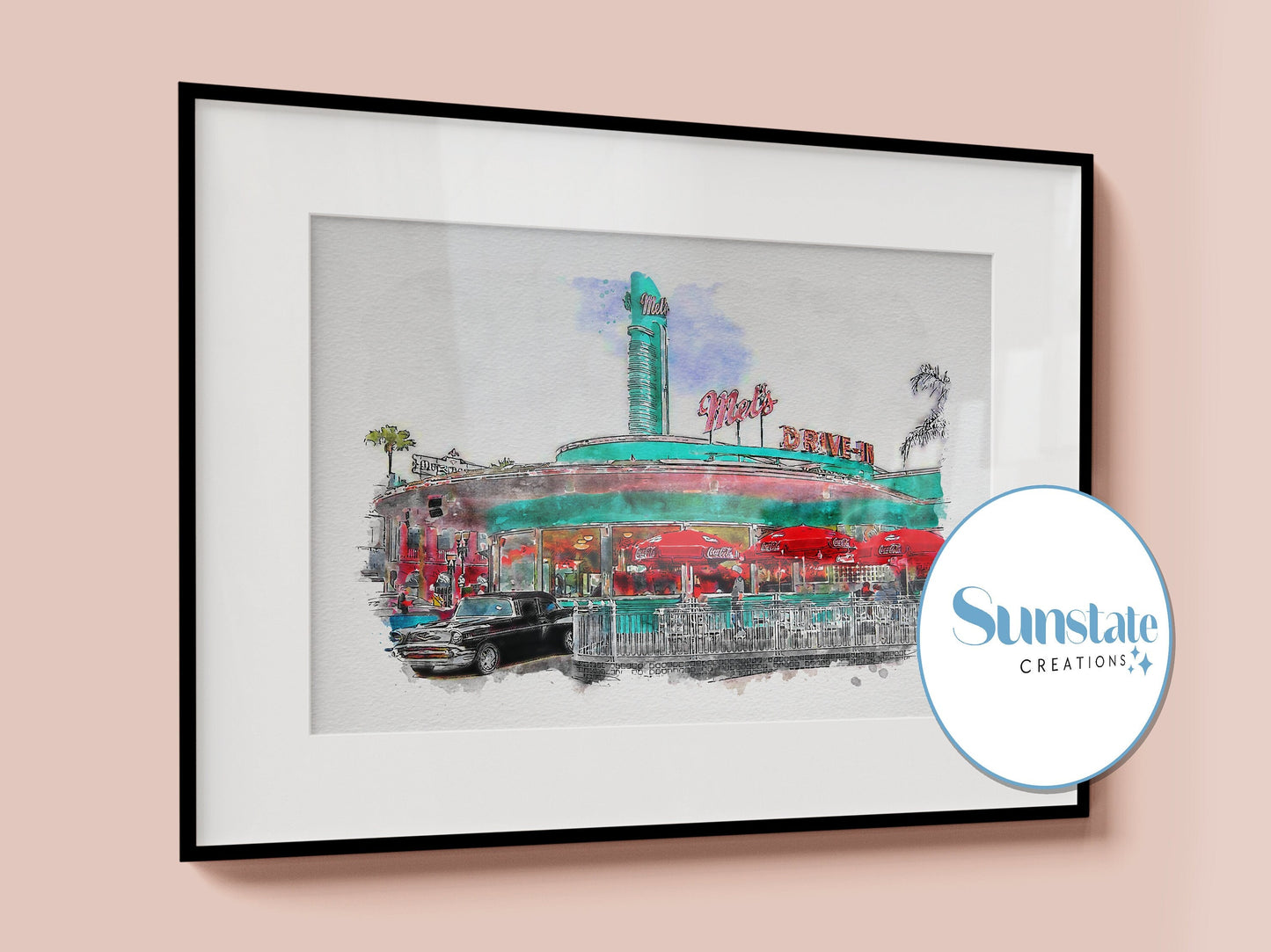 Mel's Drive In Watercolour Sketch Print, Universal Studios Prints
