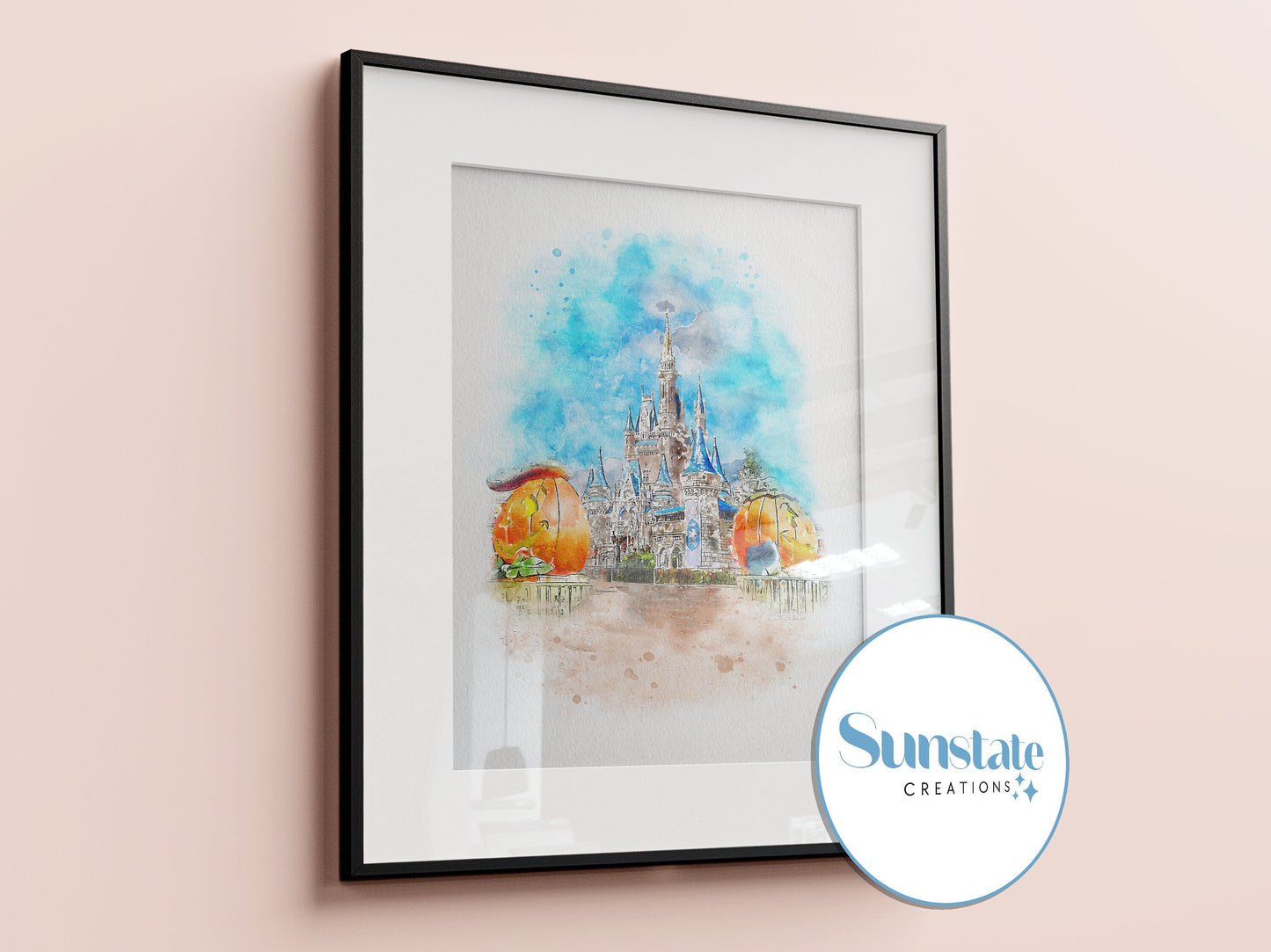 Disney Halloween Prints, Cinderella's Castle, Watercolour Sketch Print, Magic Kingdom