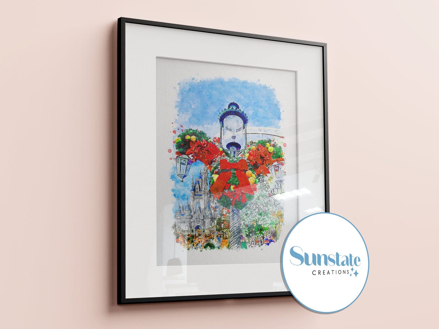Main Street, Christmas Watercolour Print, Mickey Shaped Wreath, Walt Disney World Prints