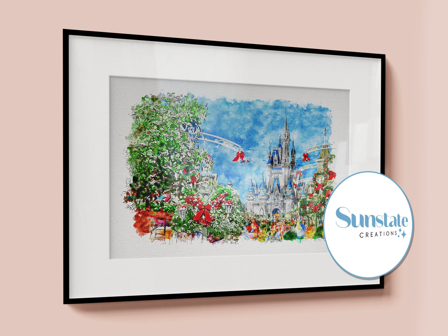 Cinderella Castle, Christmas Watercolour Print, Disney World Prints