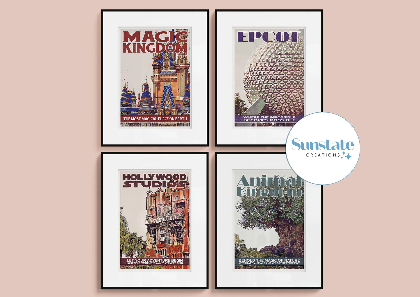 Walt Disney World Prints, Four Parks Retro Disney Prints, Set of Four