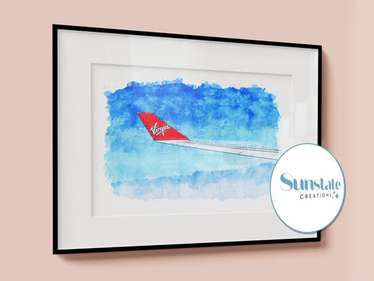 Virgin Atlantic Aeroplane Wing Tip Watercolour Sketch Print, Prints