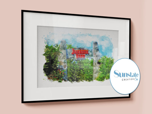Jurassic Park Watercolour Sketch Print, Entrance, Archway, Universal's Islands Of Adventure