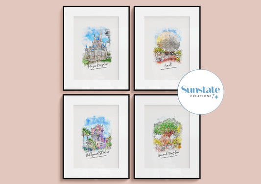 Four Parks Watercolour Style Disney Prints, Walt Disney World Prints
