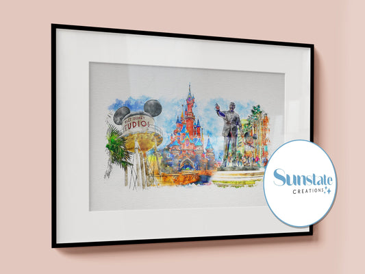 Disneyland Paris Watercolour Print, Disney Print, Disney Poster, Disney Wall Art, Disneyland Paris Prints, Walt Disney Studios, Disney Gift