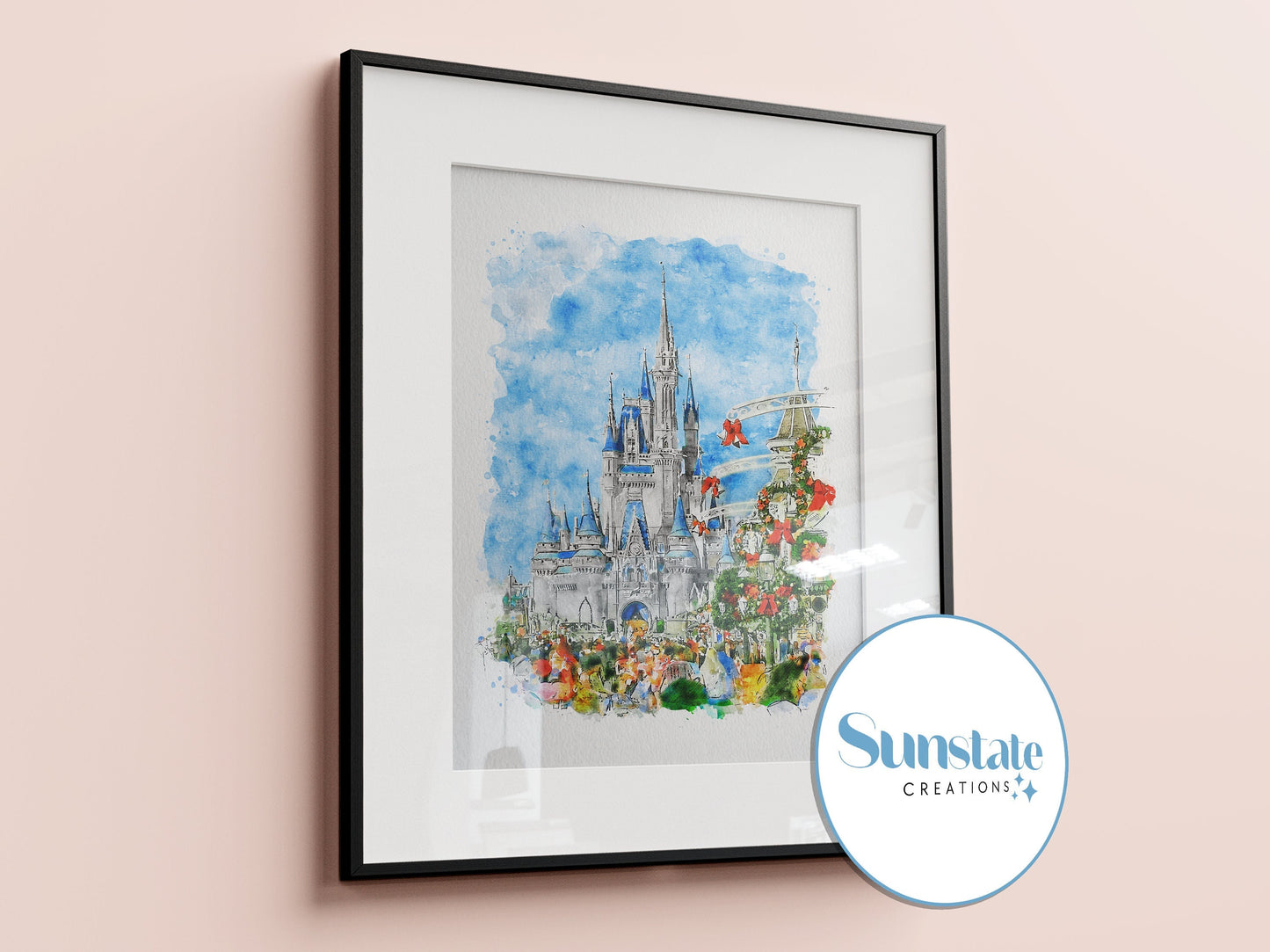 Magic Kingdom, Christmas Watercolour Print, Main Street USA, Walt Disney World Prints