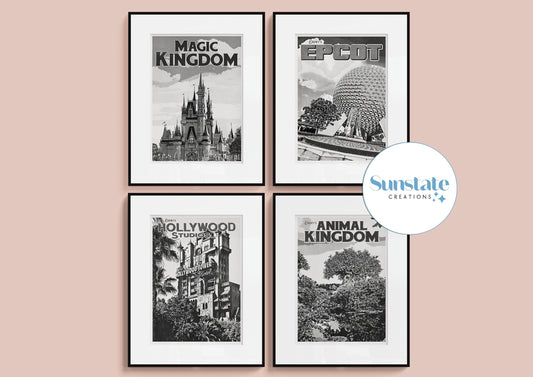 Walt Disney World Retro Prints, Black And White Disney Prints Set